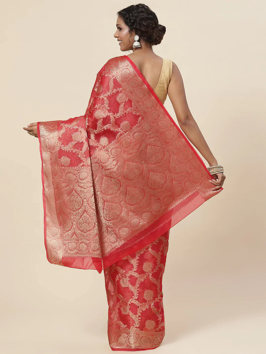 Floral Zari Jaal Organza Plain Saree