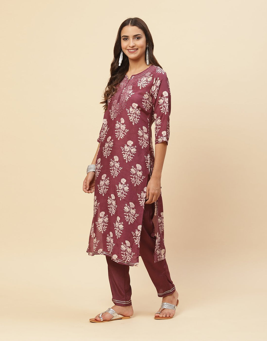 Printed Mirror Work Cotton Muslin Kurti With Pant