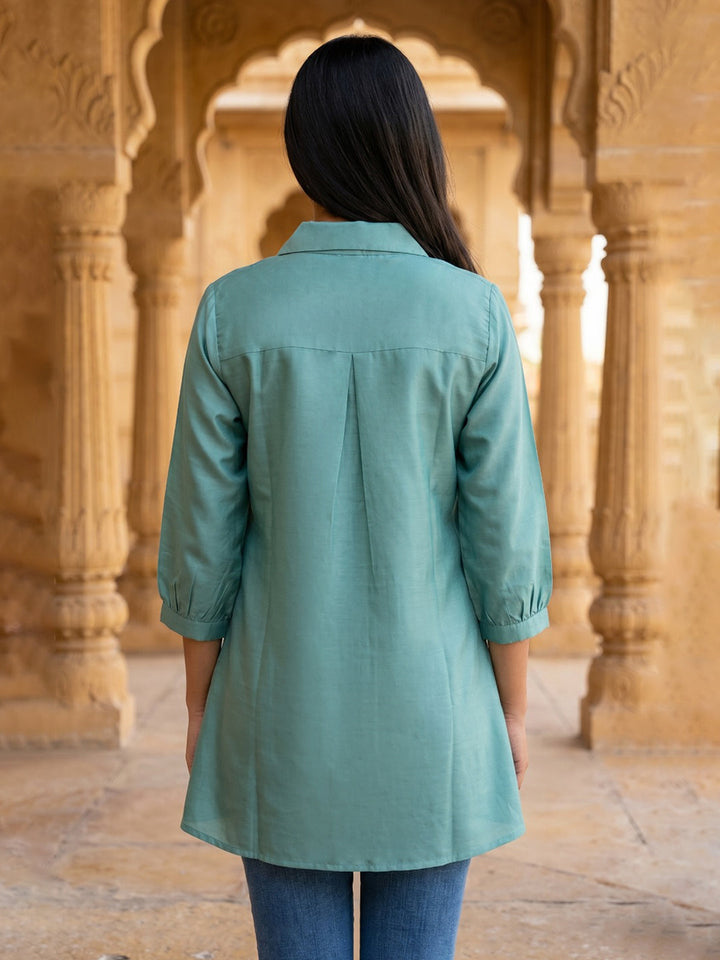 Sky Blue Embroidered Cotton Blend Straight Kurta
