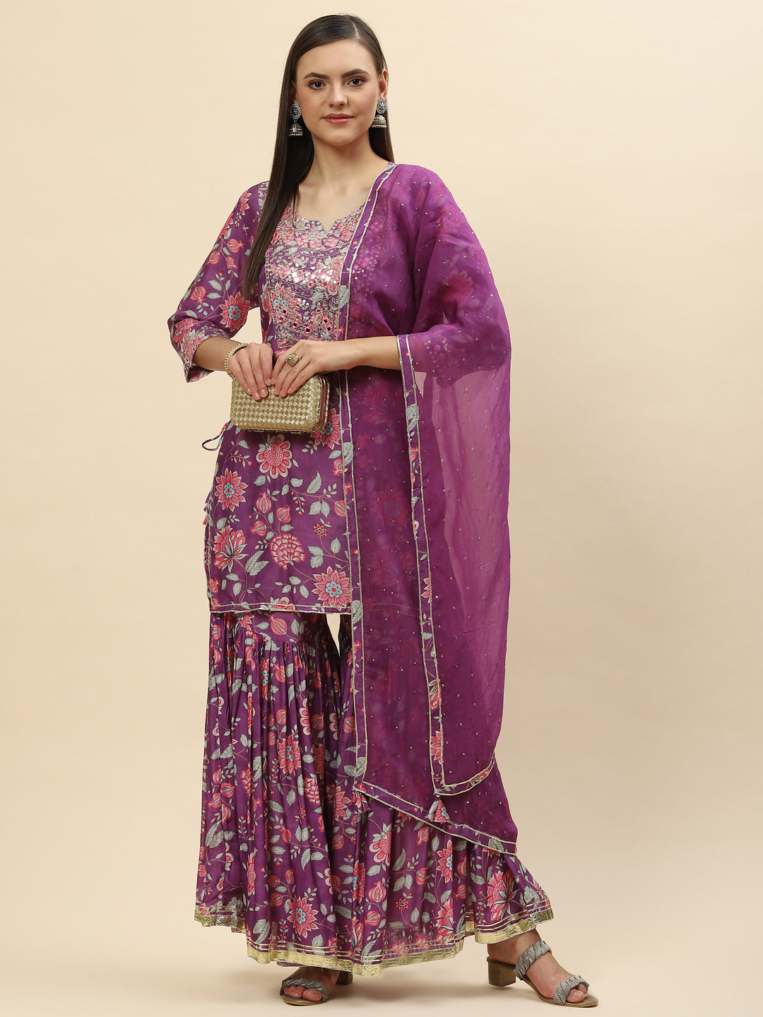 Floral Digital Printed Chanderi Kurta With Garara &amp; Dupatta