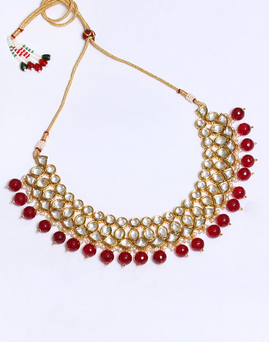 Elegant Gold Toned Kundan With Maroon Stone Necklace Set