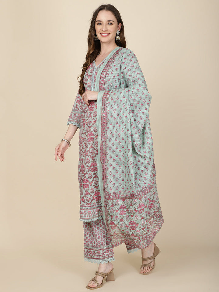 Floral Printed Cotton Kurta With Pants &amp; Dupatta