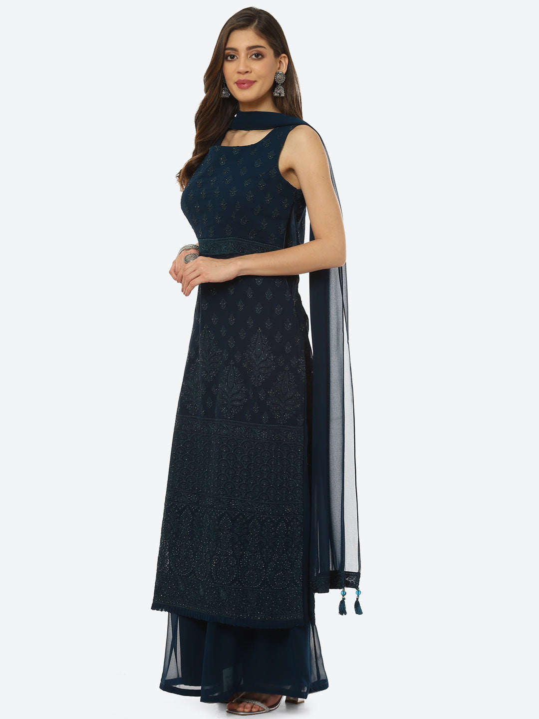 Resham Booti Georgette Kurta With Palazzo &amp; Dupatta