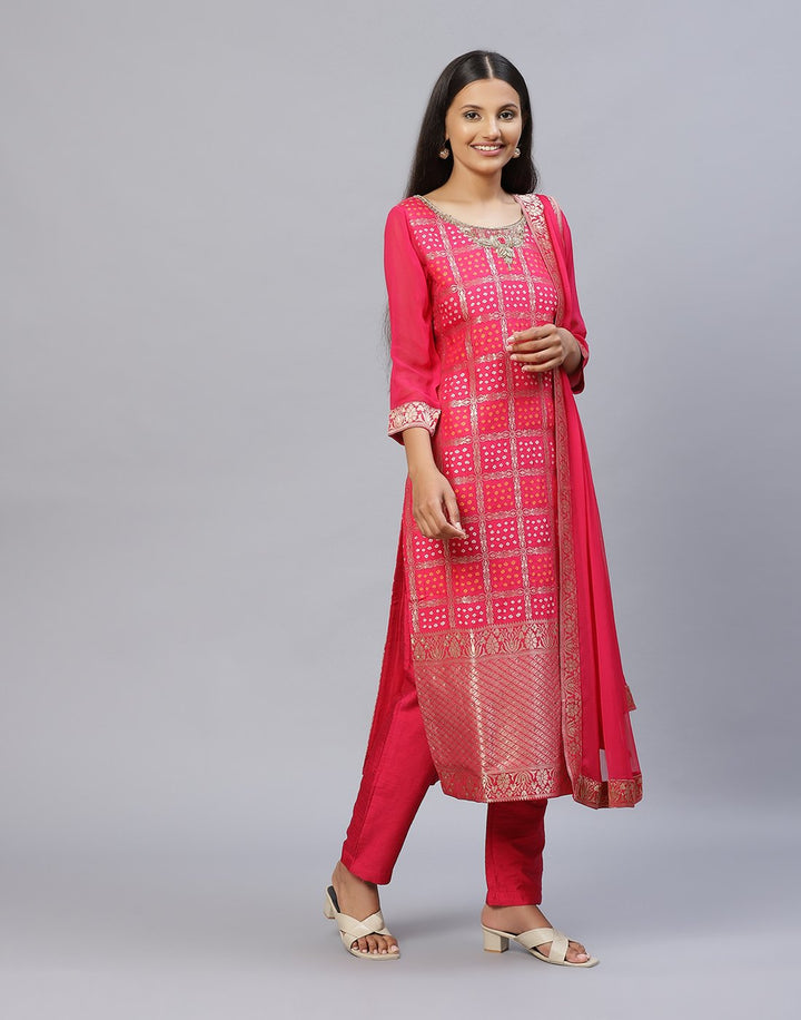 Rani Banarasi Brocade Straight Salwar Kameez Stitched Suit