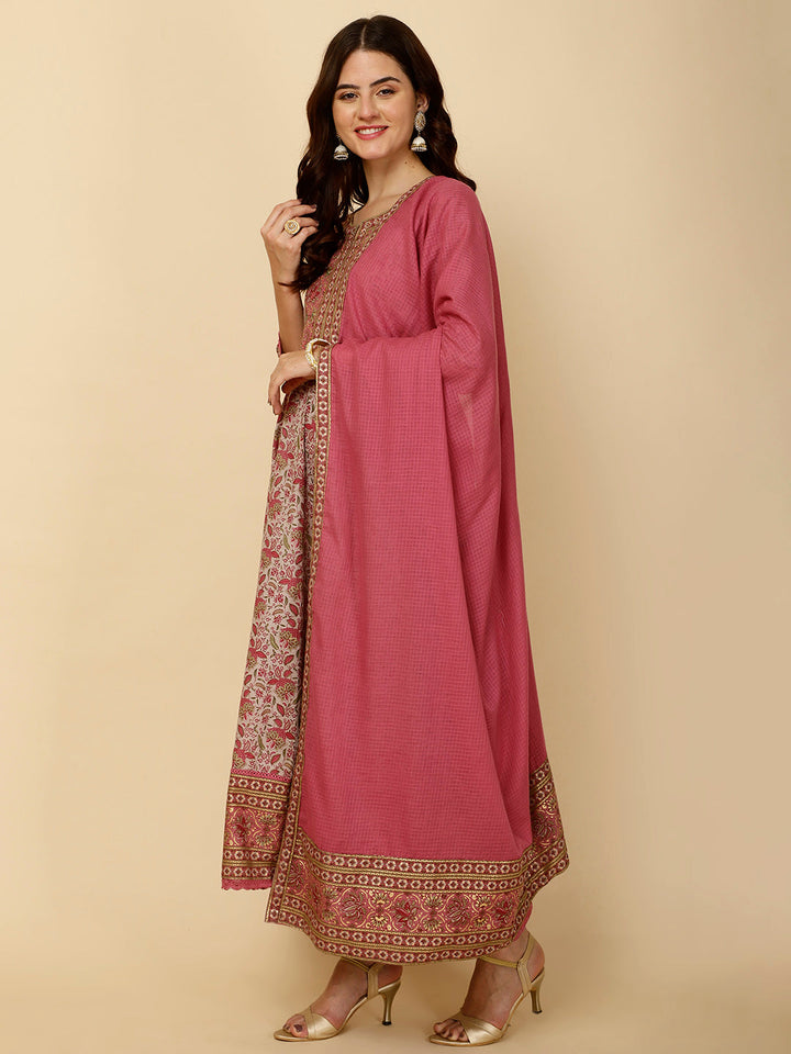 Floral Block Printed Anarkali Kurta With Pants &amp; Dupatta