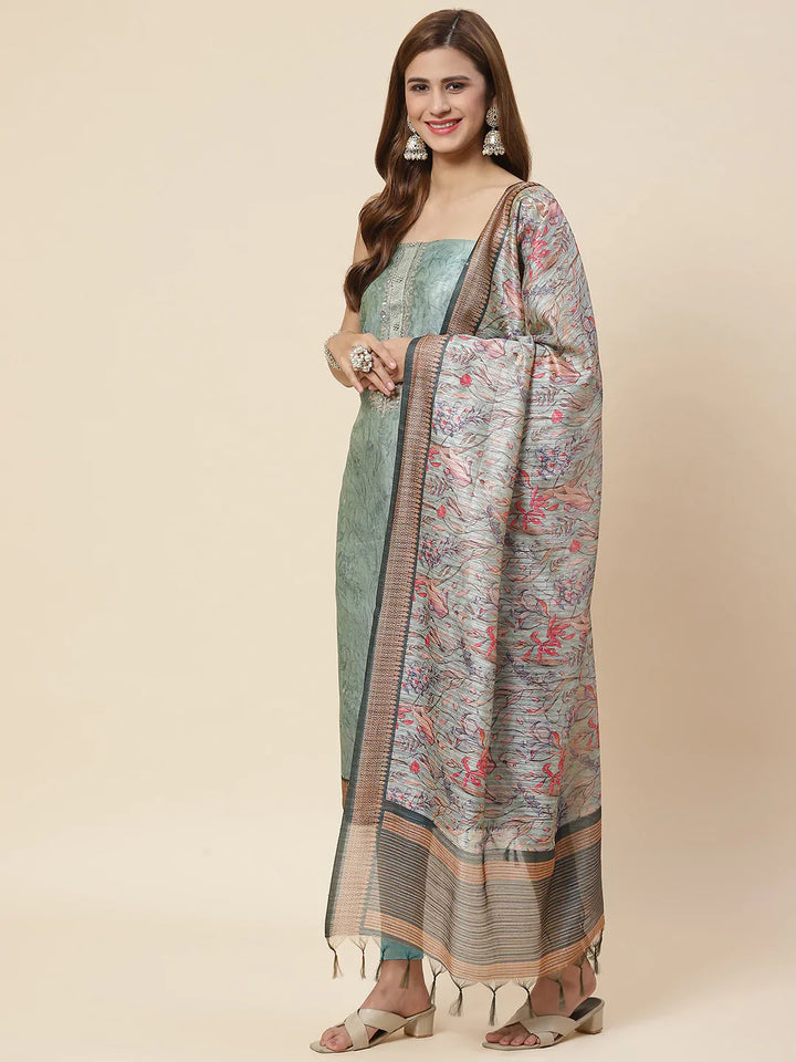 Neck Embroidered &amp; Printed Chanderi Unstitched Suit Piece With Dupatta
