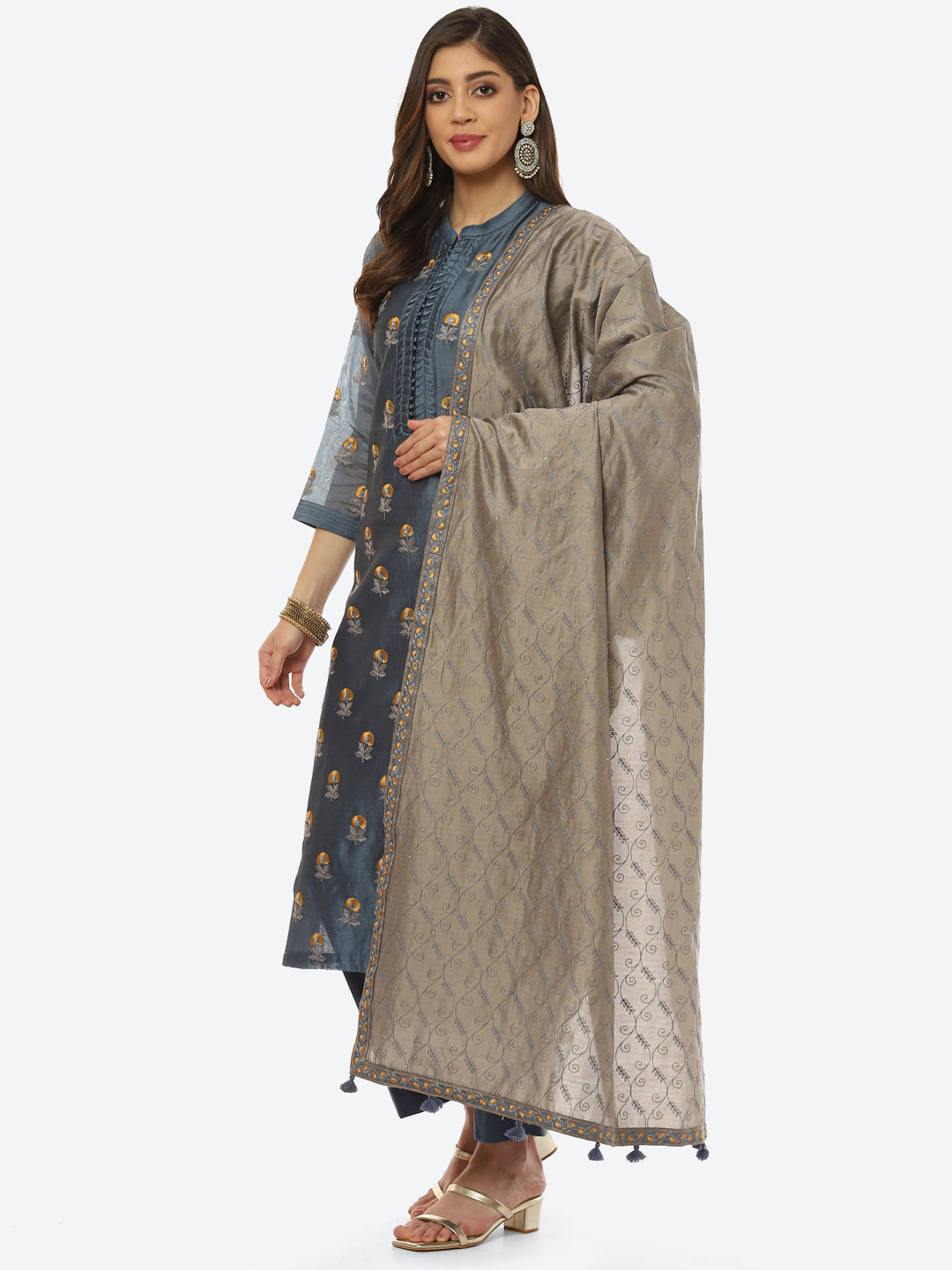 Resham Booti Cotton Kurta With Pant &amp; Dupatta