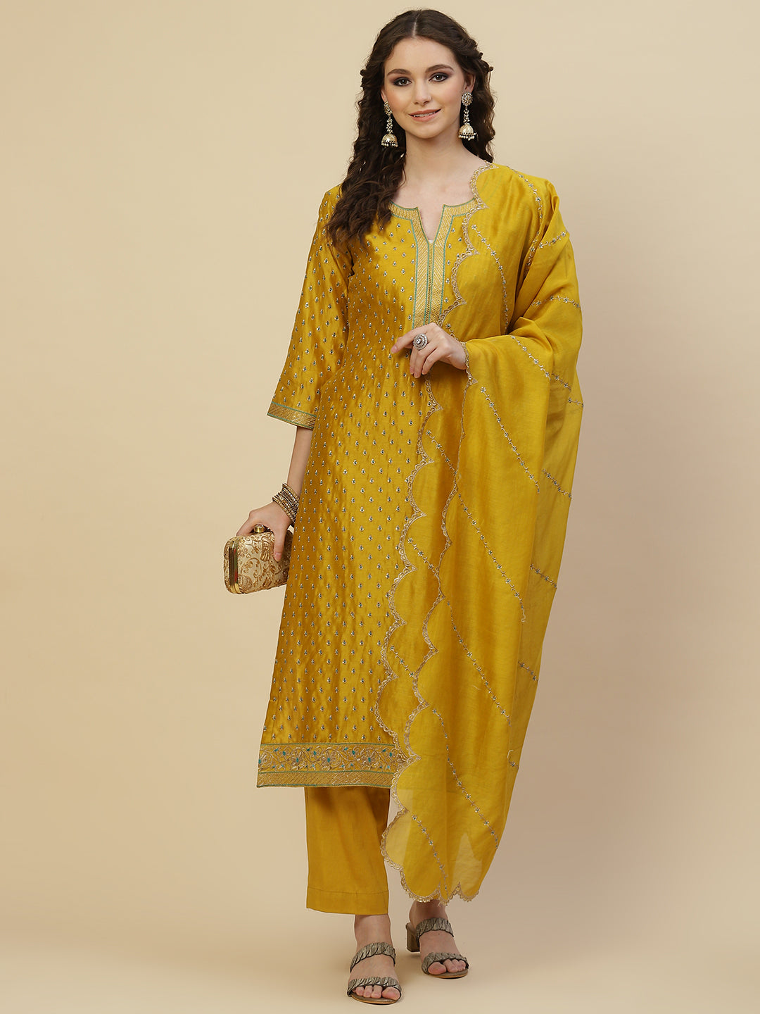 Resham Booti Cotton Kurta With Pants &amp; Dupatta