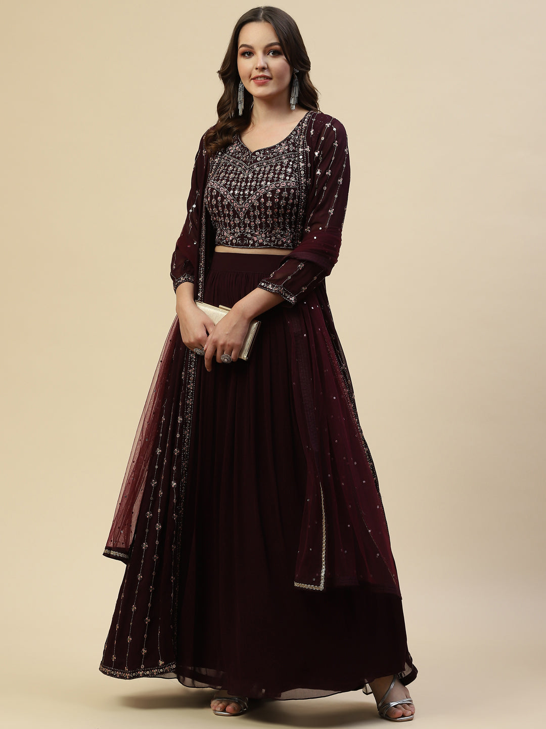 Resham Sequin Booti Georgette Choli Lahenga With Jacket &amp; Dupatta