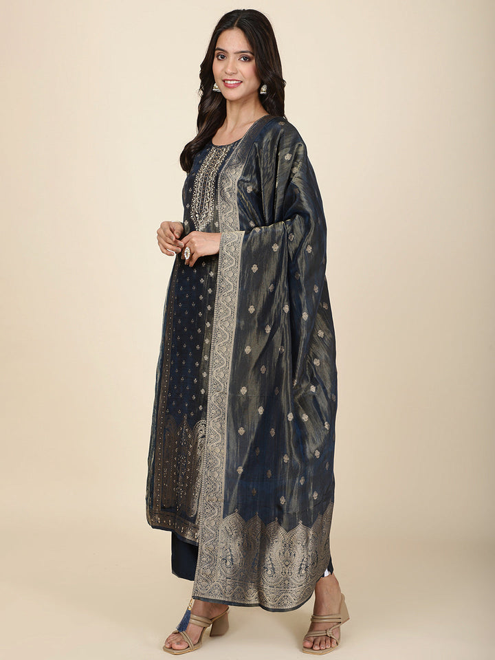 Neck Embroidery Tissue Kurta With Pants &amp; Dupatta