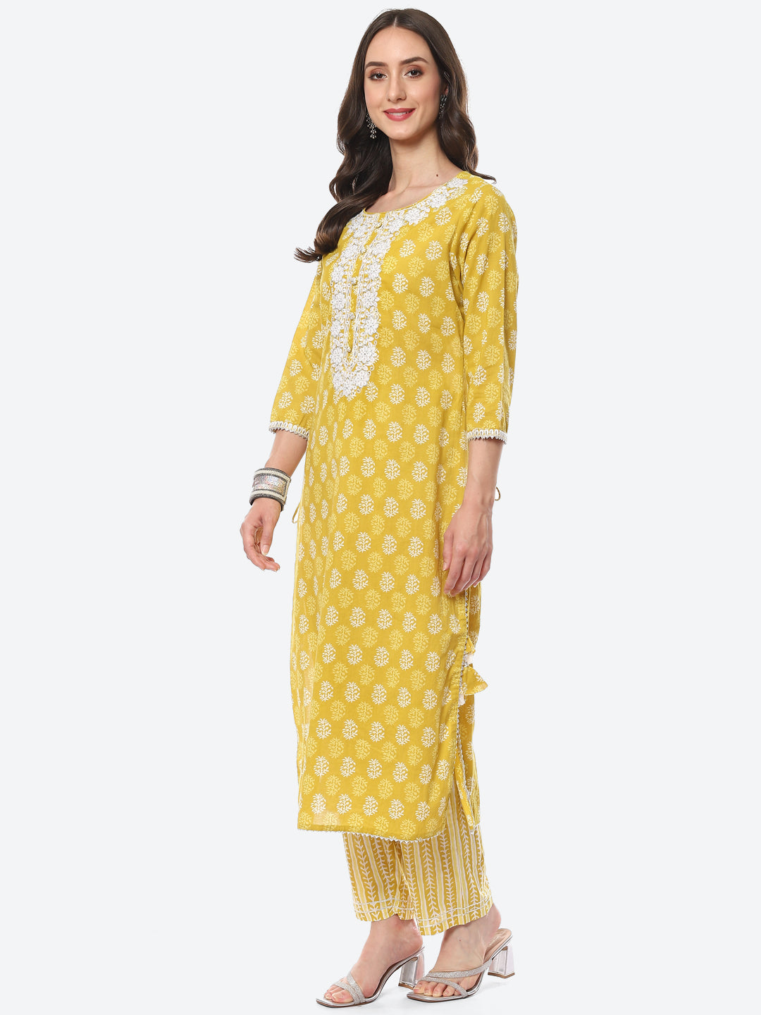 Zari Neck Embroidered Cotton Kurta With Pant