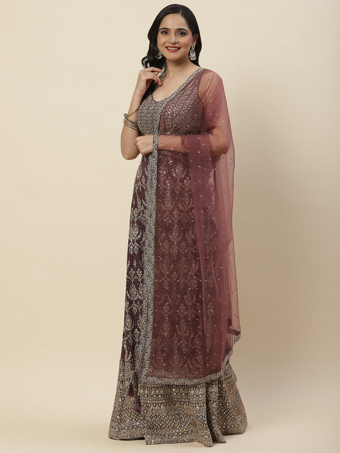 Sequin Zari Embroidered Georgette Crop Top With Palazzo &amp; Dupatta