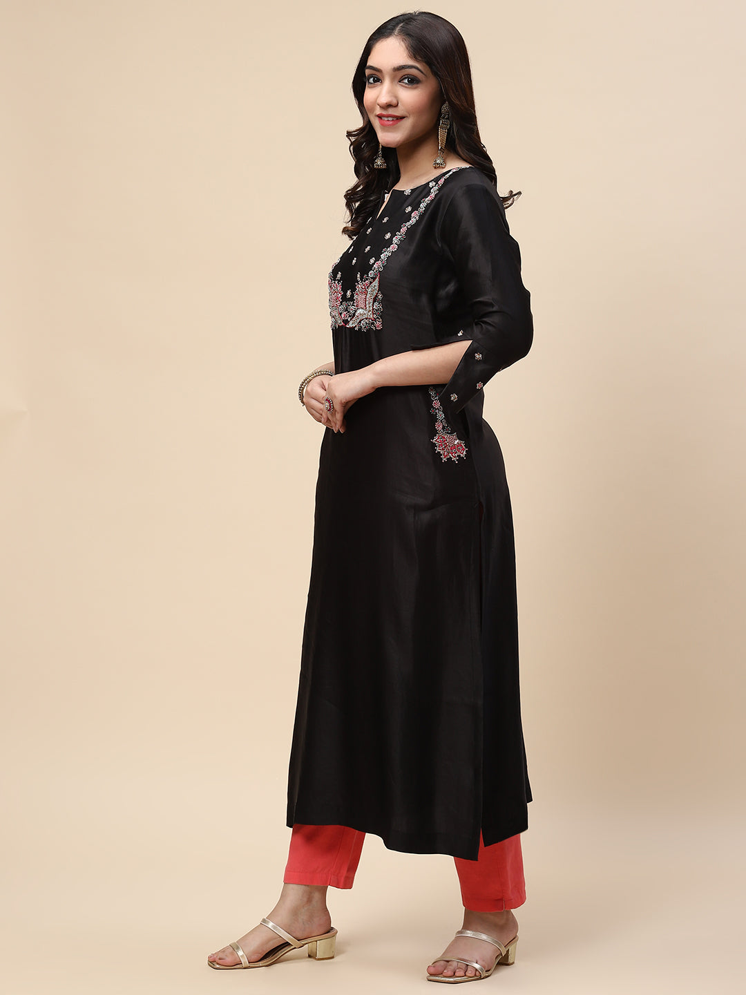 Neck Embroidered Satin Kurta