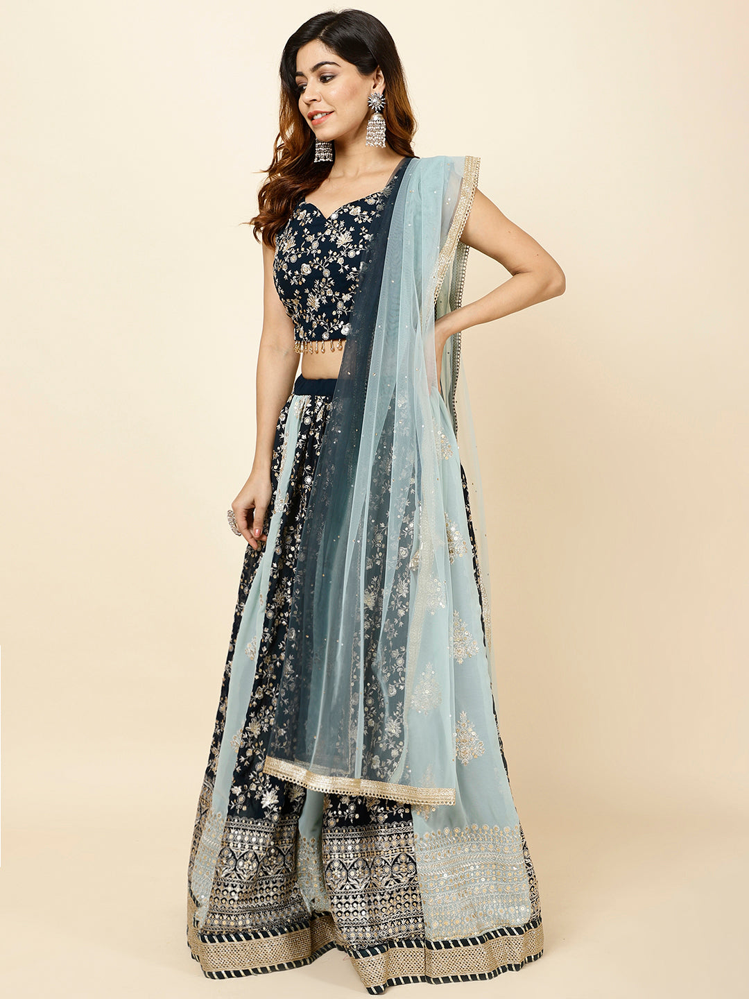 Zari Embroidered Georgette Choli With Lehenga &amp; Dupatta