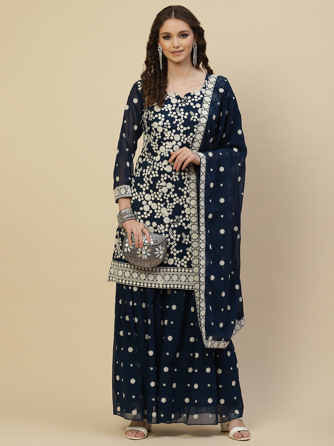 Resham Embroidered Georgette Kurta With Garara &amp; Dupatta