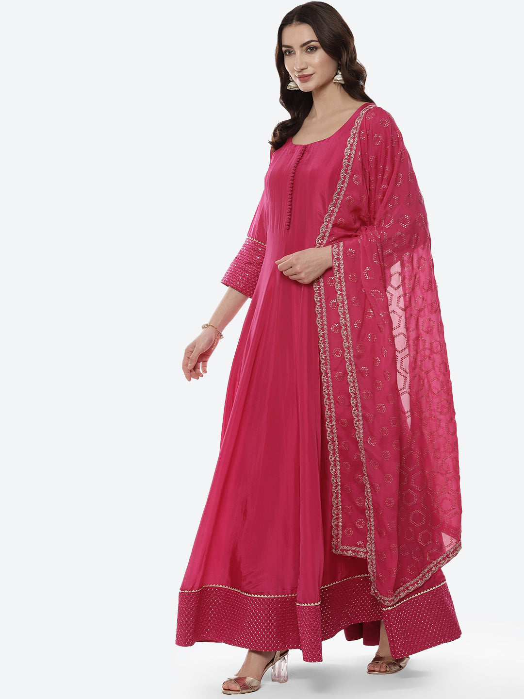 Embroidered Handloom Dupion Anarkali Stitched Salwar Kameez With Sequence Chiffon Dupatta
