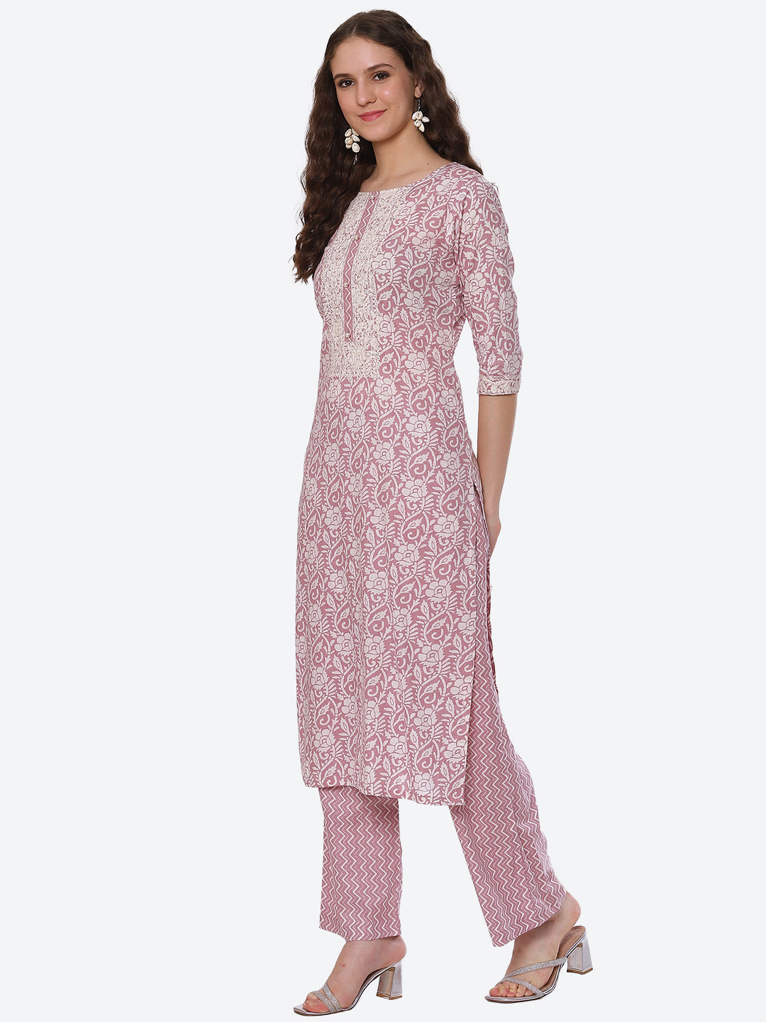 Neck Embroidered Printed Cotton Kurta With Palazzo