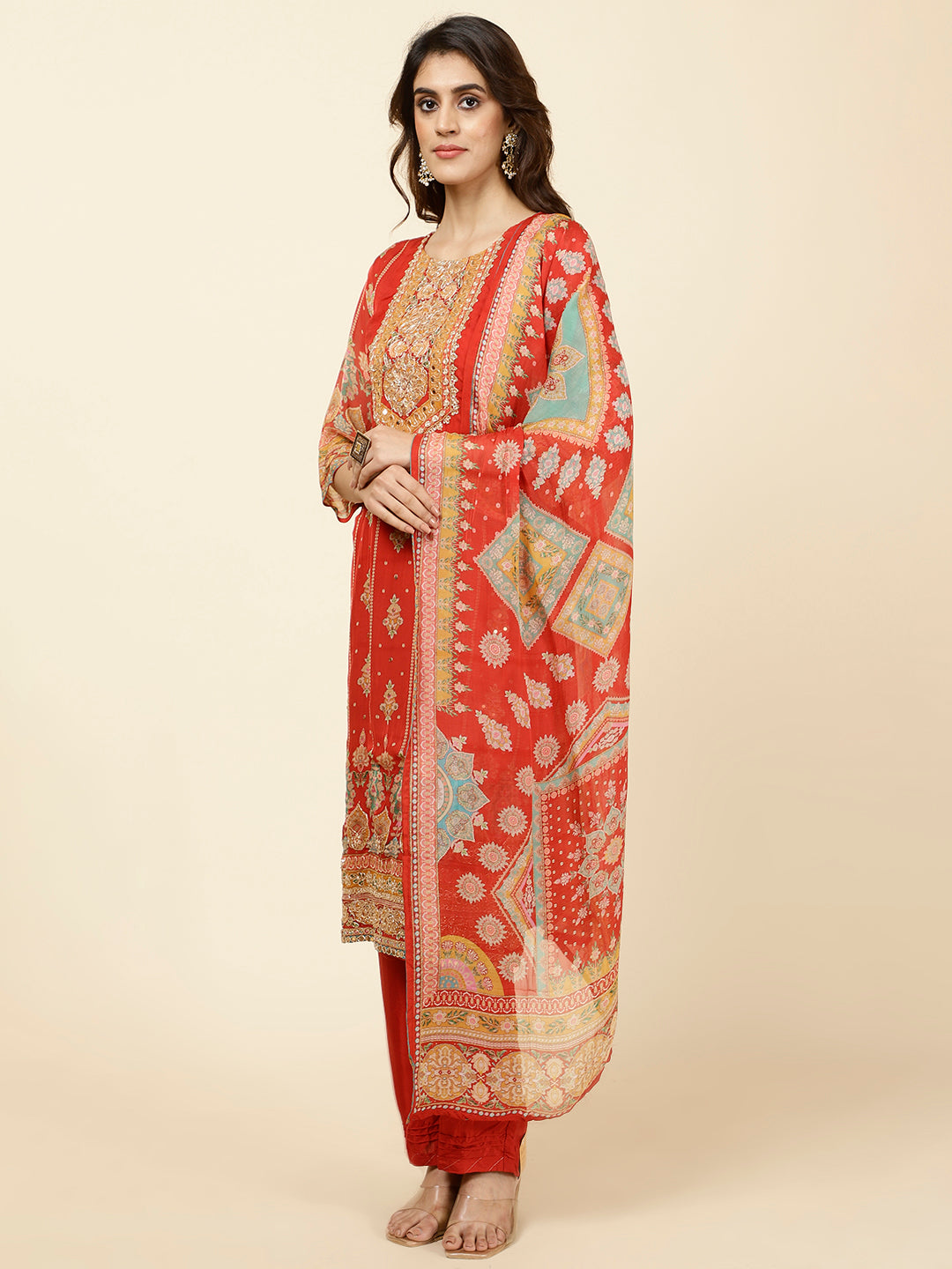 Floral Printed Georgette Kurta With Pants &amp; Dupatta