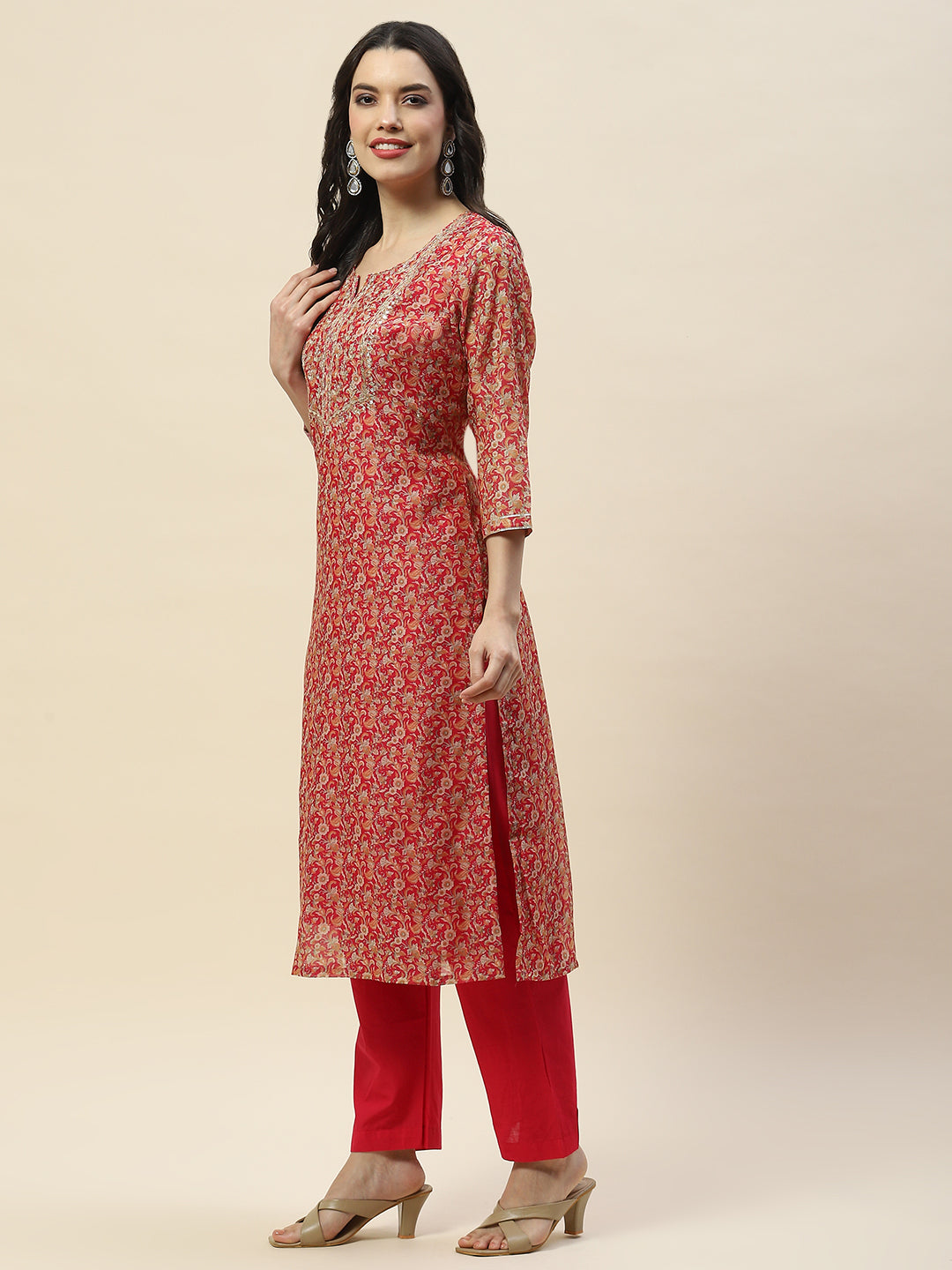 Printed Gota Work Chanderi Kurta With Pants