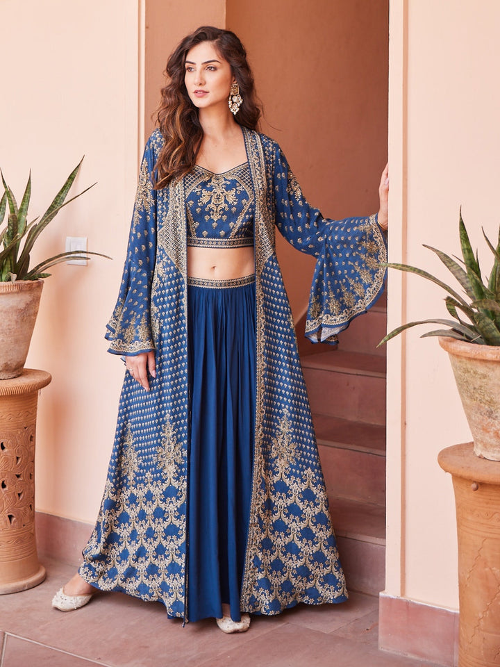 Digital Printed Crepe Kurti With Sharara &amp; Georgette Jacket