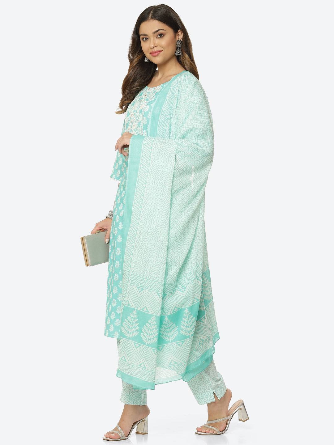 Floral Printed Cotton Kurta With Pant &amp; Dupatta