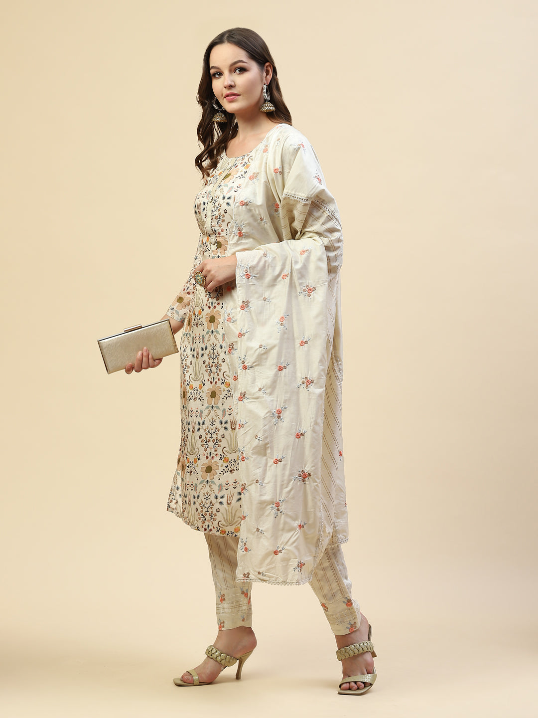 Floral Printed Cotton Kurta With Pants &amp; Cotton Dupatta