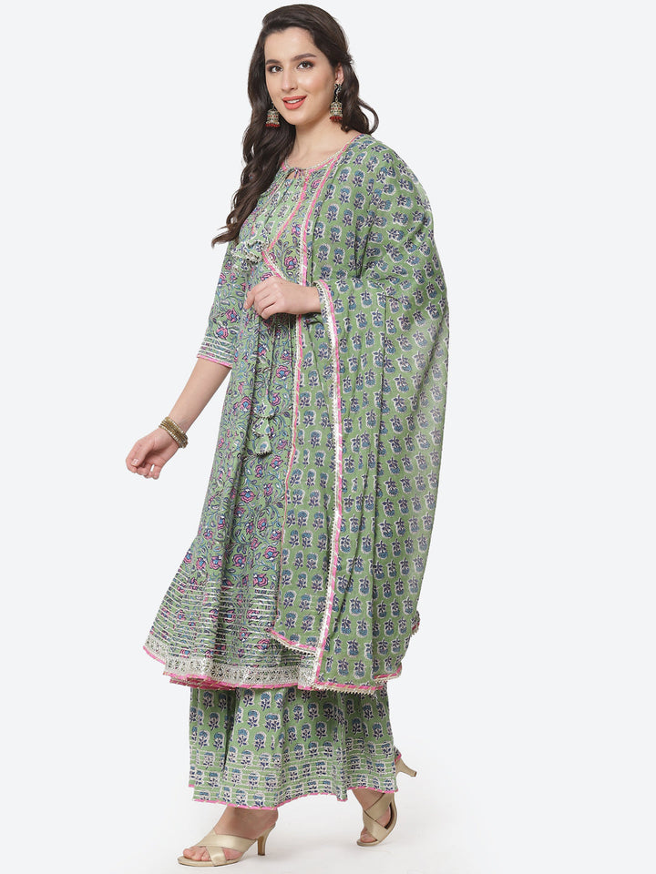 Block Printed Cotton Anarkali Kurti With Palazzo And Printed Dupatta