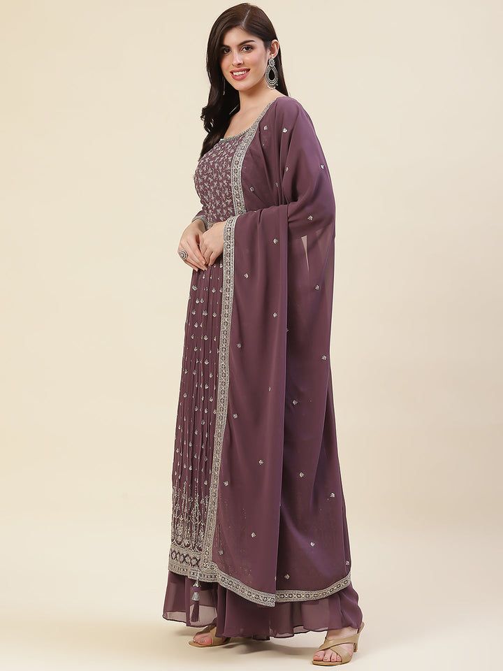 Zari Embroidered Booti Georgette Kurta With Palazzo &amp; Dupatta