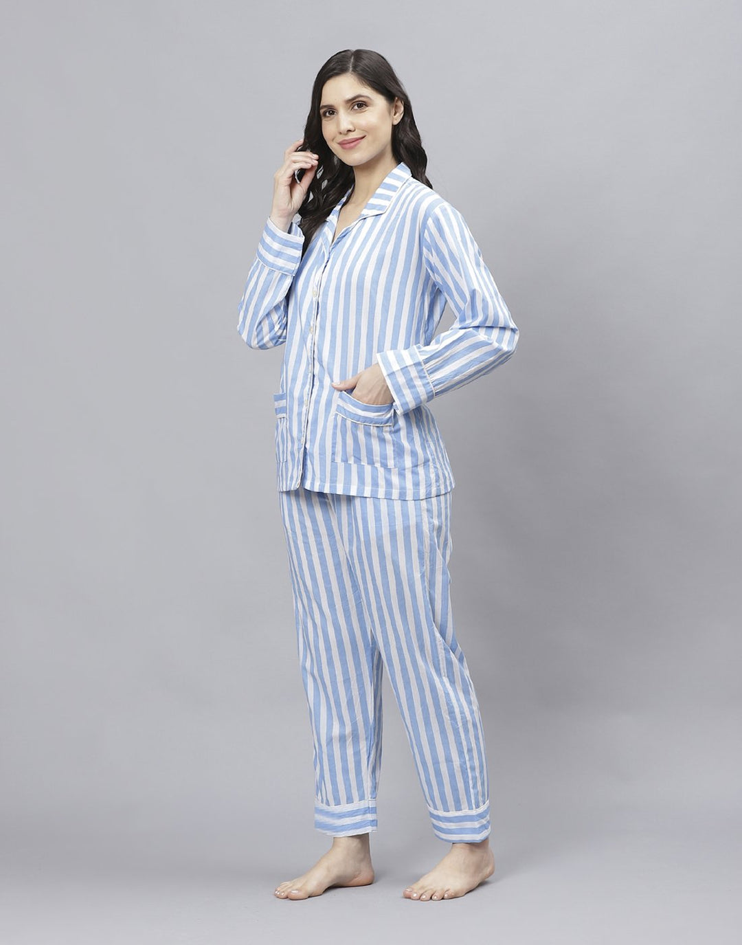 White Blue Cotton Strip Comfort Wear