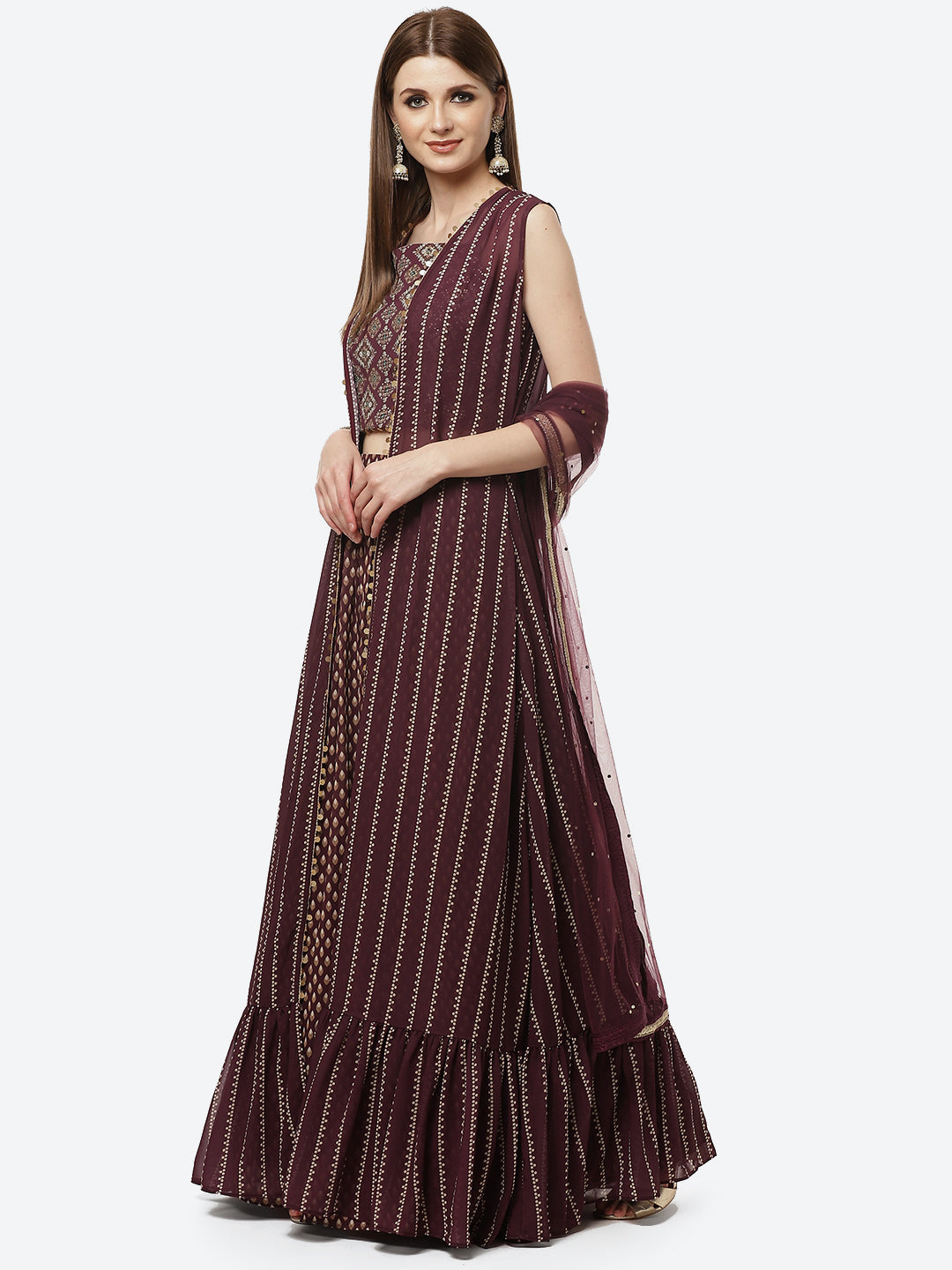 Paisley Printed Crepe Jacket With Lehenga Choli And Net Dupatta