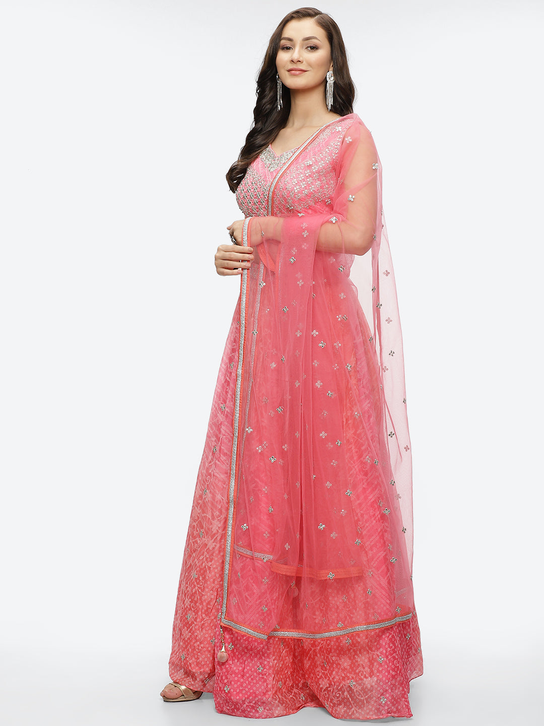Zari Booti Embroidered Crepe Choli With Lehenga &amp; Net Dupatta