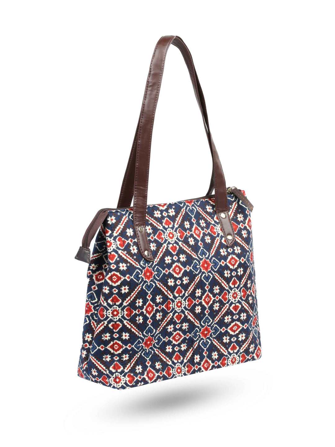 Navy Blue &amp; Maroon Printed Cotton Handbag With Pouch