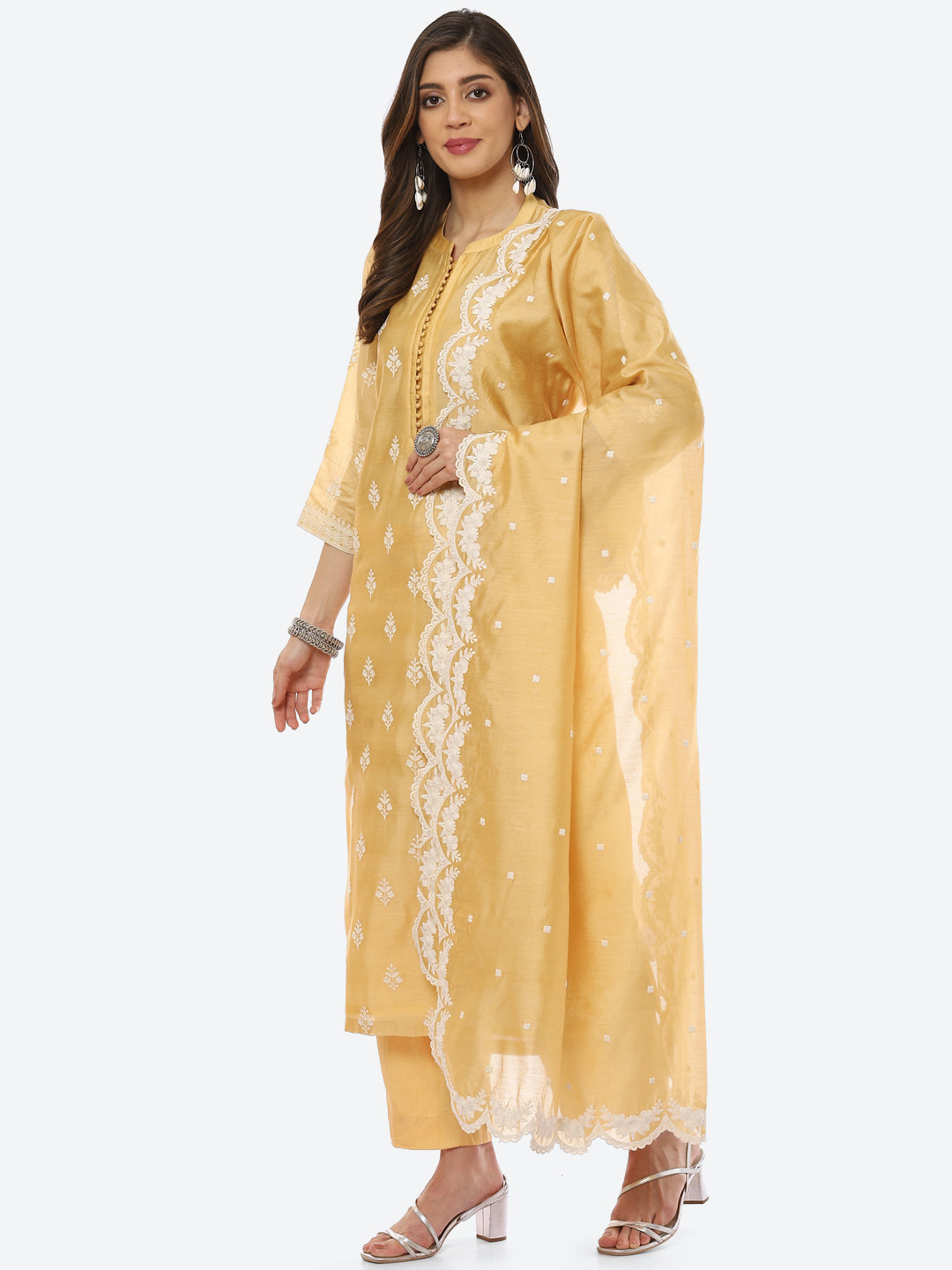 Resham Booti Cotton Kurta With Pant &amp; Dupatta