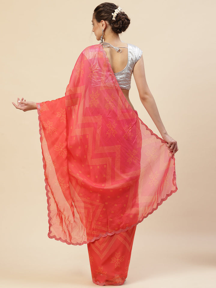 Printed &amp; Mirror Work Organza Saree