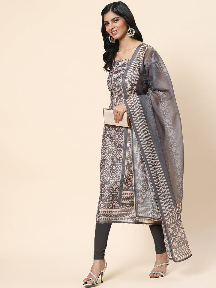 Printed Chanderi Unstitched Suit Piece With Dupatta