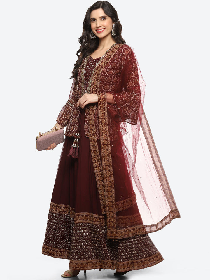 Resham Embroidered Georgette Choli Jacket With Lehenga &amp; Dupatta