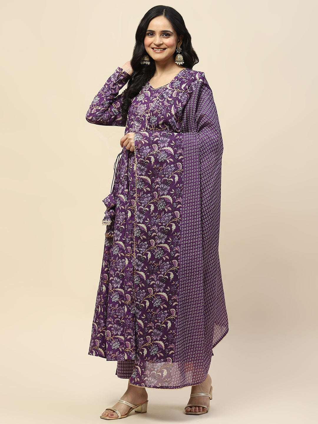 Neck Embroidery Cotton Kurta With Pants &amp; Dupatta
