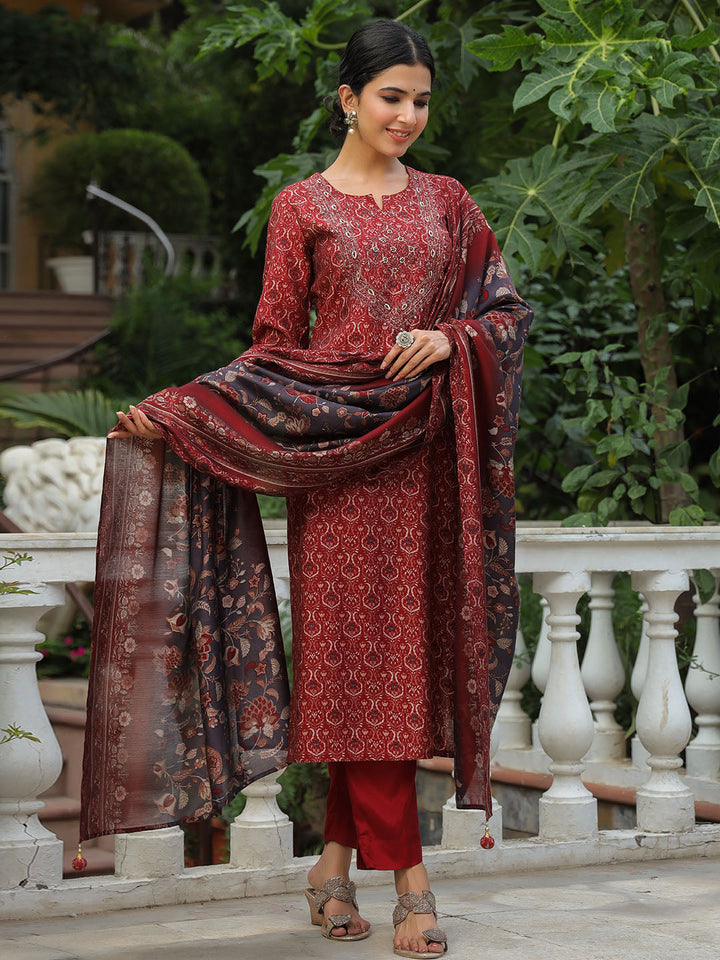 Printed Neck Embroidered Cotton Kurta With Pants &amp; Dupatta