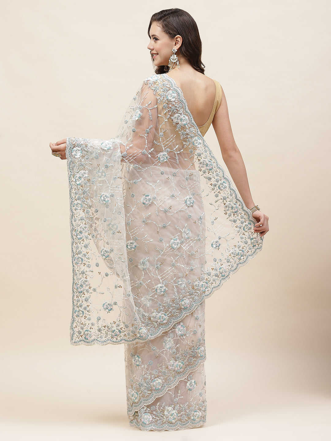 Resham Jaal Embroidery Net Saree