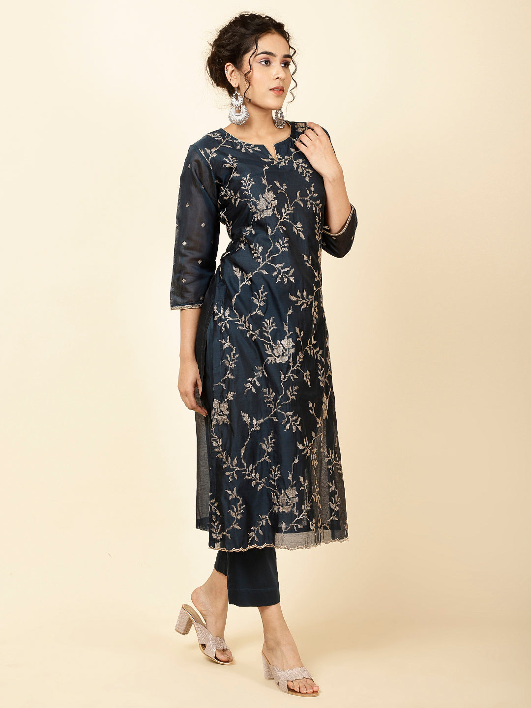 Embroidered Cotton Kurta With Pants &amp; Dupatta