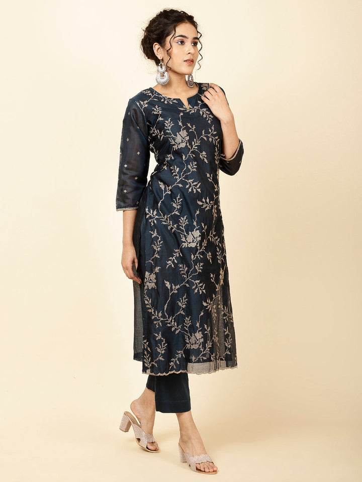 Embroidered Cotton Kurta With Pants &amp; Dupatta