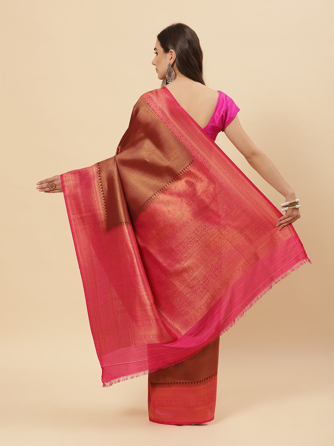 Brocade Zari Jaal  Art Handloom Saree With Contrast Blouse