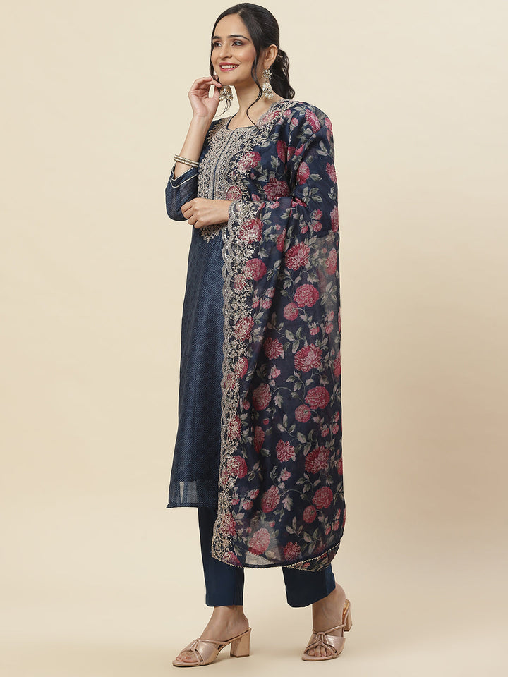 Printed &amp; Neck Embroidered Chanderi Kurta With Pants &amp; Dupatta