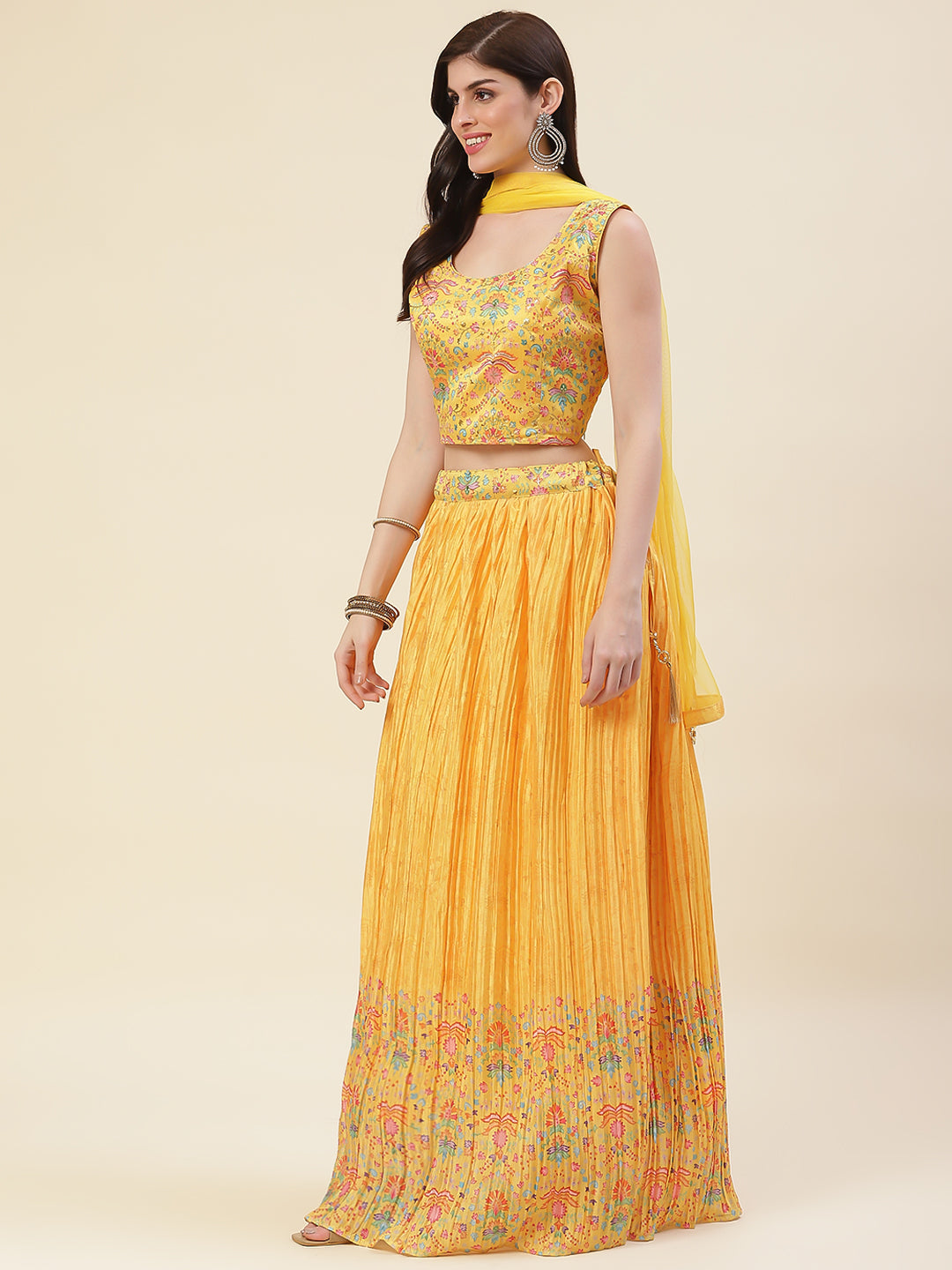 Floral Printed Crepe Choli With Lehenga &amp; Dupatta