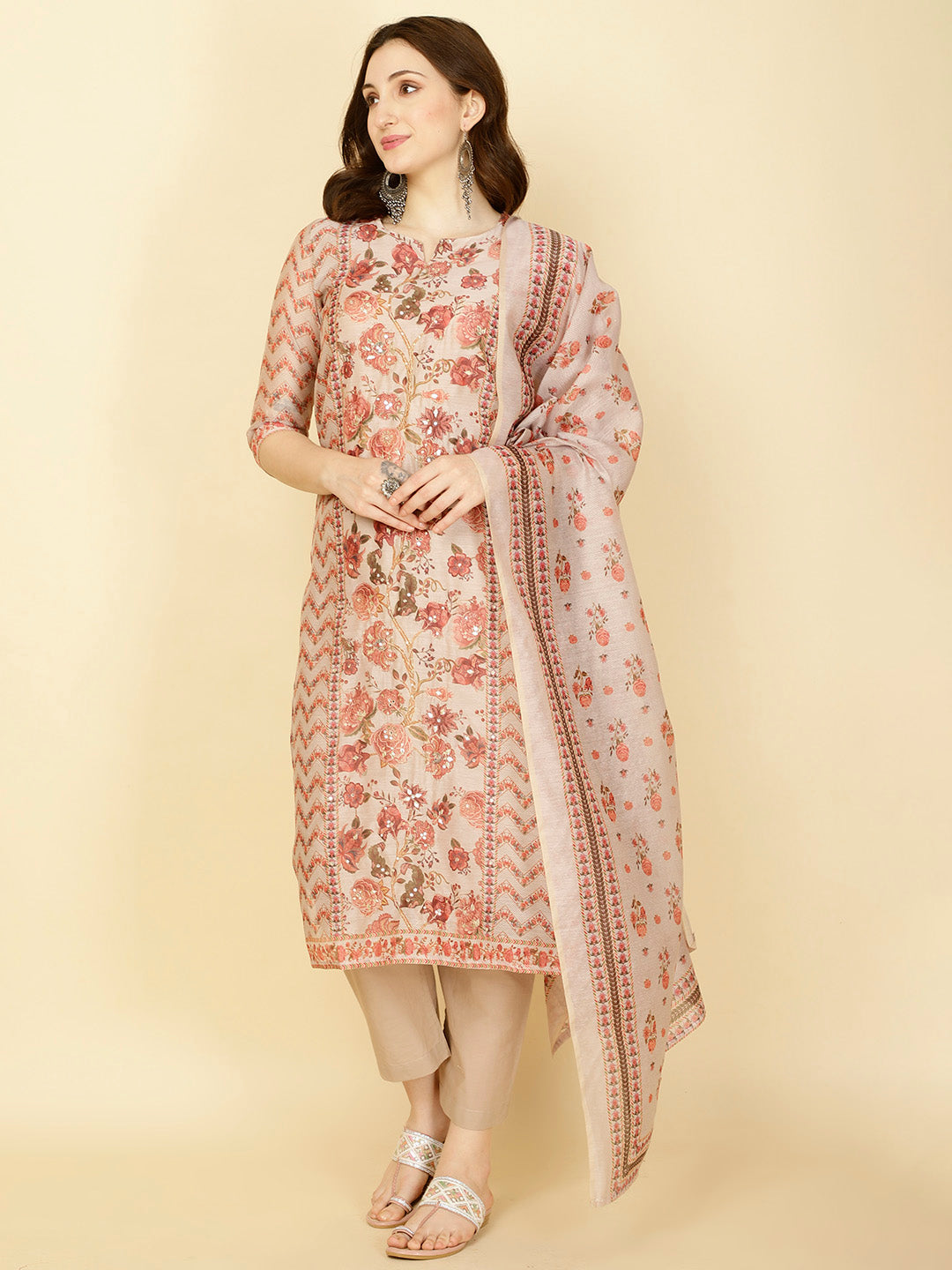 Floral Printed Chanderi Kurta With Pants &amp; Dupatta