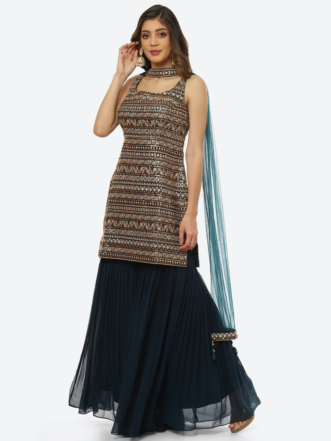 Zari Embroidered Georgette kurta With Palazzo &amp; Dupatta