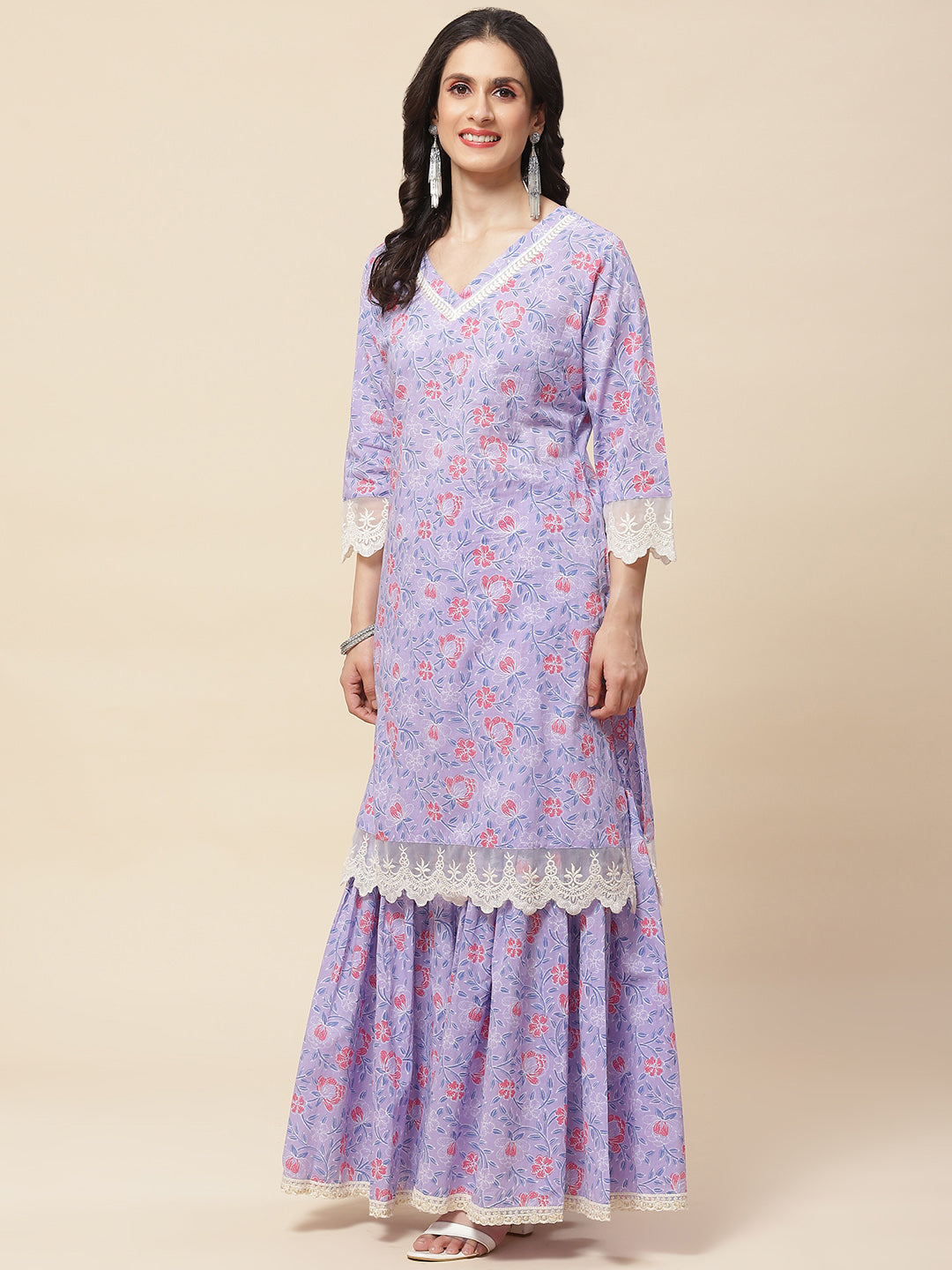 Floral Printed Cotton Kurta With Sharara
