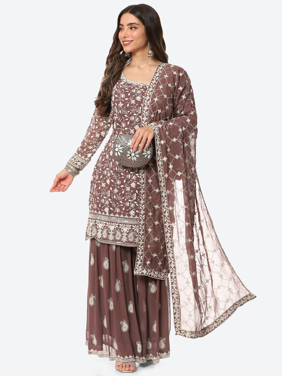 Resham Embroidered Georgette Kurta With Garara &amp; Dupatta