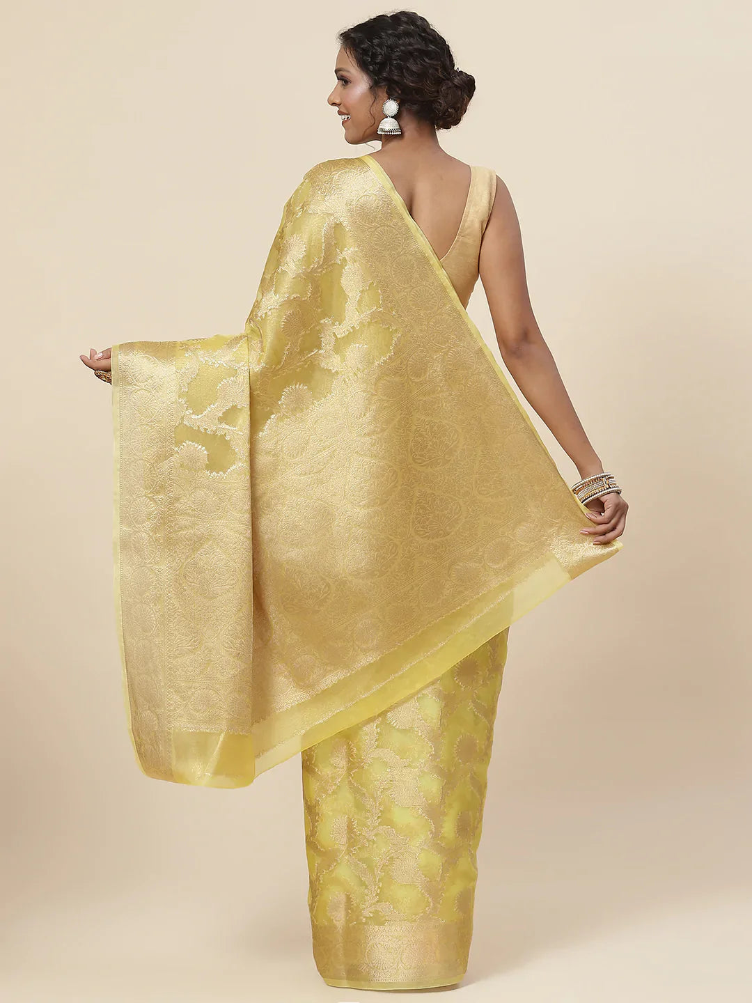 Floral Zari Jaal Organza Plain Saree