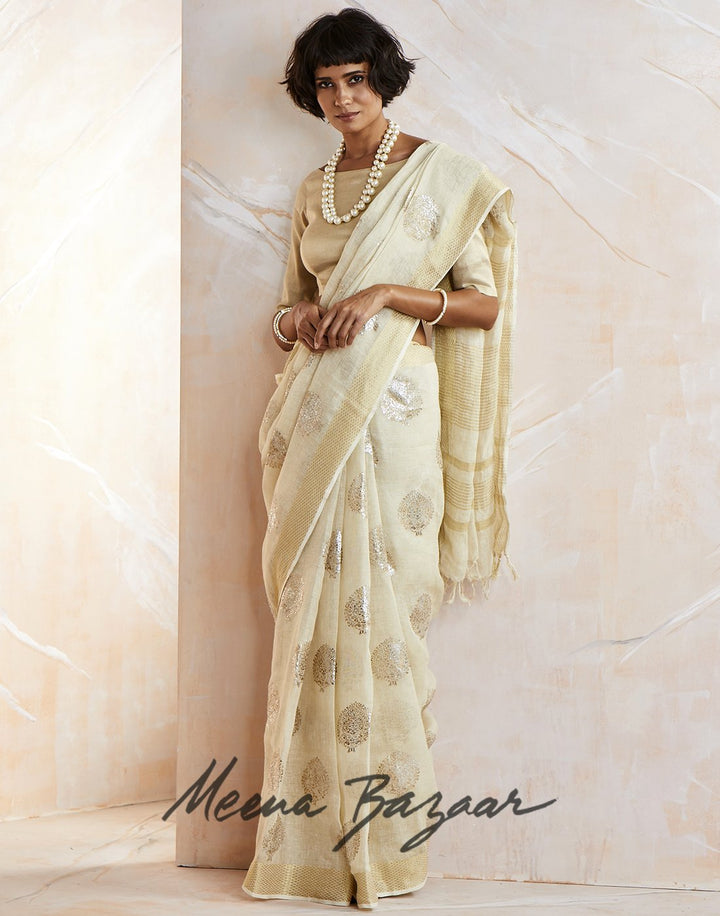 Cream Gold Cotton Linen Printed Saree